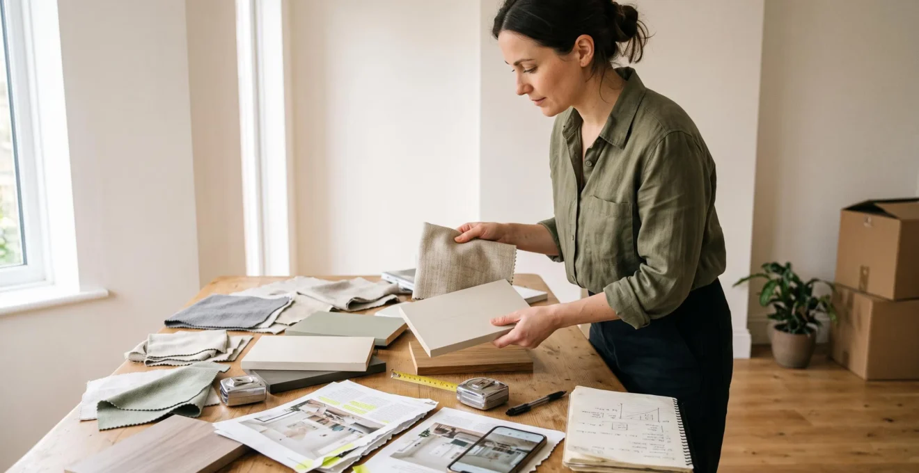 A person compares a linen fabric swatch with a painted wood sample while assembling a moodboard on a dining table in a half-furnished room.