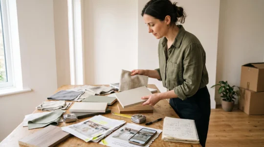 A person compares a linen fabric swatch with a painted wood sample while assembling a moodboard on a dining table in a half-furnished room.