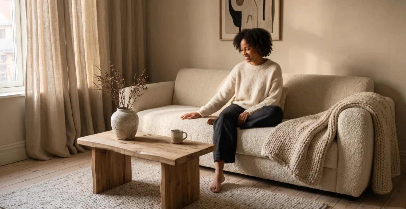 A woman rests her hand on a bouclé sofa in a neutral living room layered with wool, linen and raw wood textures lit by low afternoon light.