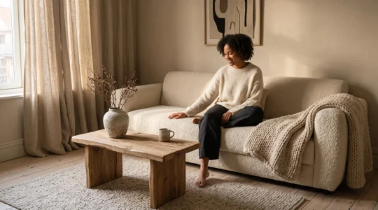 A woman rests her hand on a bouclé sofa in a neutral living room layered with wool, linen and raw wood textures lit by low afternoon light.