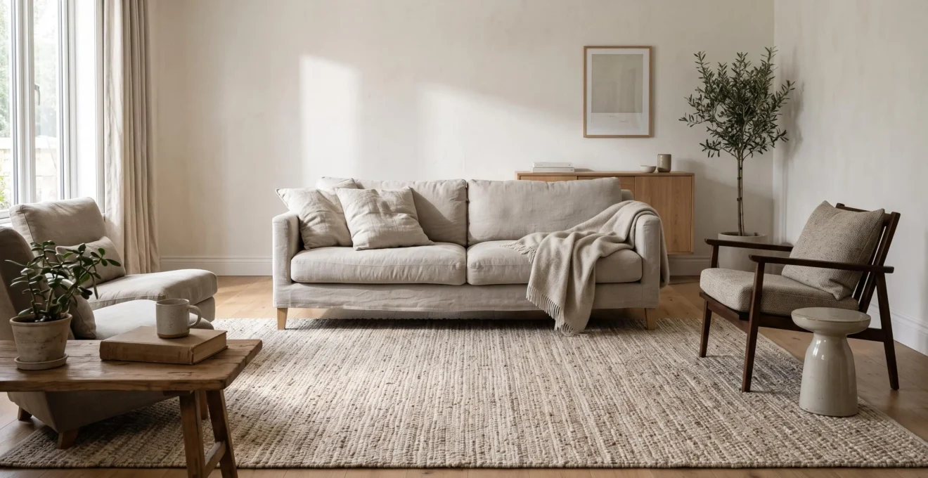 A neutral living room with a textured woven rug anchoring the seating area, the front legs of the sofa and chairs resting on its surface.