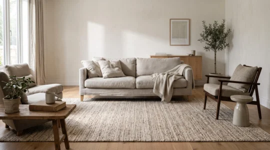 A neutral living room with a textured woven rug anchoring the seating area, the front legs of the sofa and chairs resting on its surface.