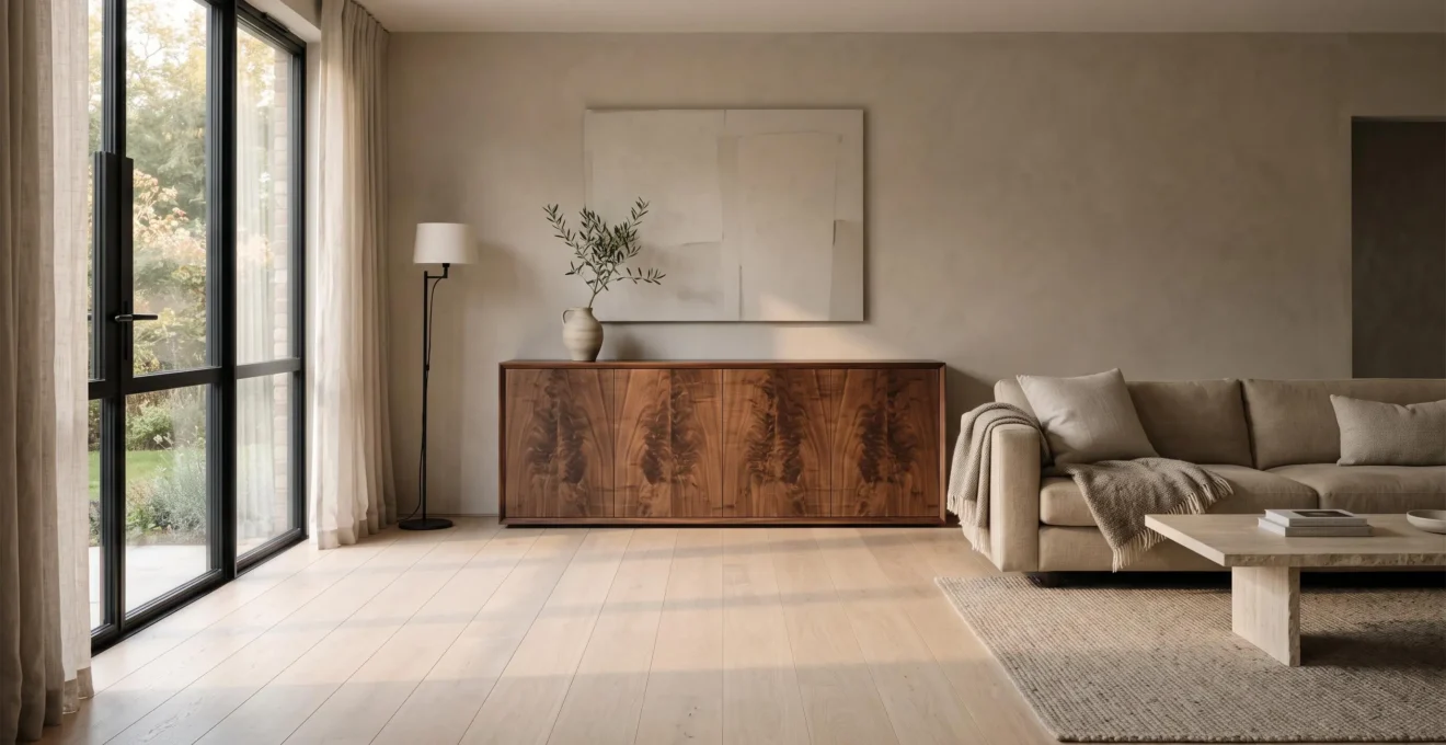 A contemporary living room with a pale oak floor and a walnut sideboard where visible wood grain warms neutral walls and matte textiles.