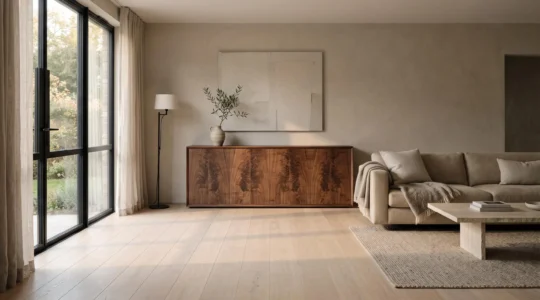 A contemporary living room with a pale oak floor and a walnut sideboard where visible wood grain warms neutral walls and matte textiles.