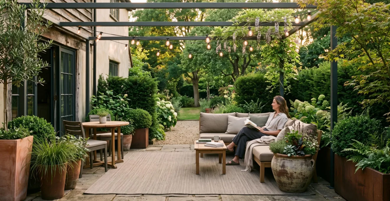 A furnished backyard patio arranged like an outdoor living room with defined zones, planters, pergola shade and a woman seated on a bench.