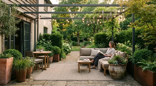 A furnished backyard patio arranged like an outdoor living room with defined zones, planters, pergola shade and a woman seated on a bench.