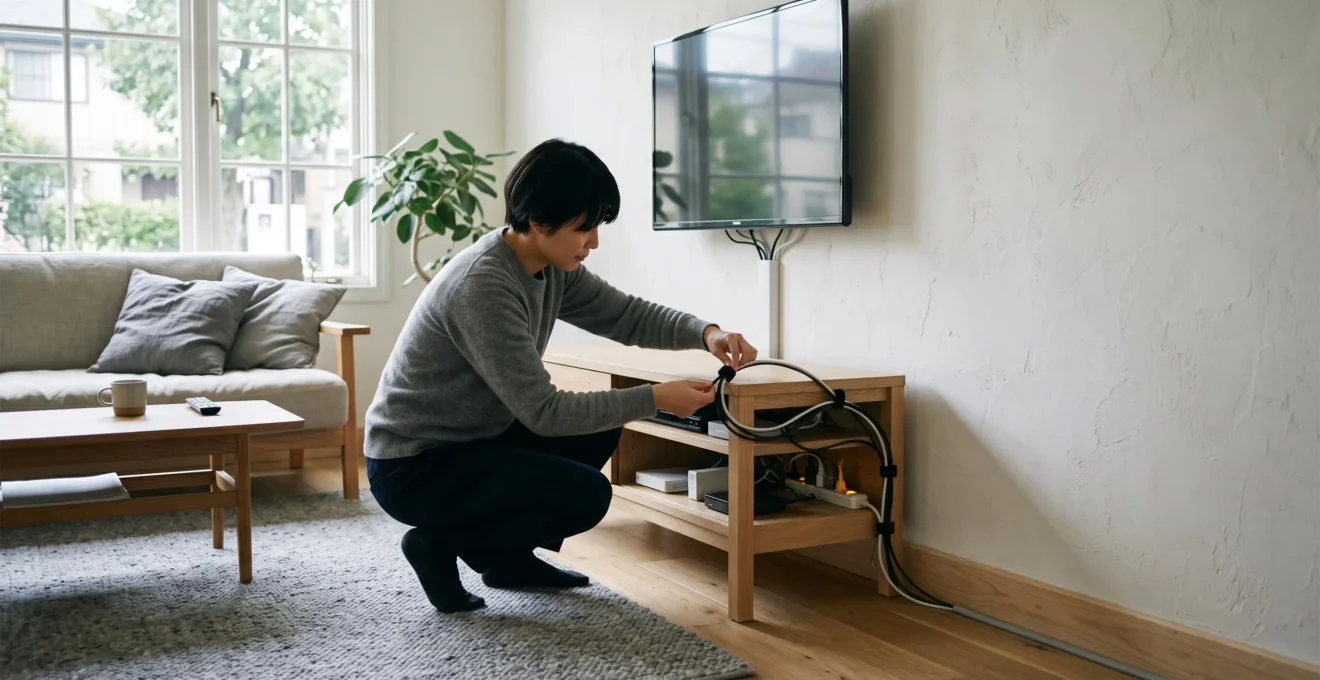 A person kneeling beside a low TV unit secures grouped cables into a single vertical bundle with reusable velcro straps in a bright minimalist living room.