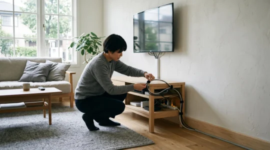 A person kneeling beside a low TV unit secures grouped cables into a single vertical bundle with reusable velcro straps in a bright minimalist living room.