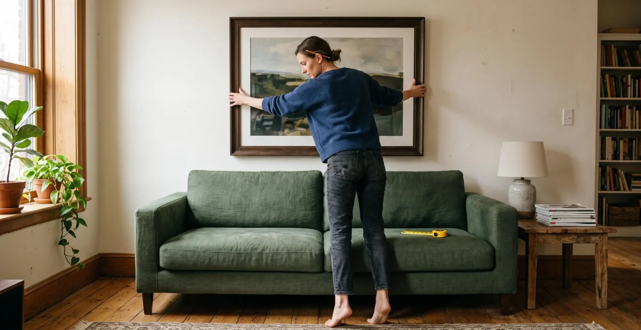 A person adjusts a large framed artwork so its bottom edge sits just above the back of a sofa in a living room.