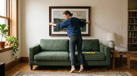 A person adjusts a large framed artwork so its bottom edge sits just above the back of a sofa in a living room.