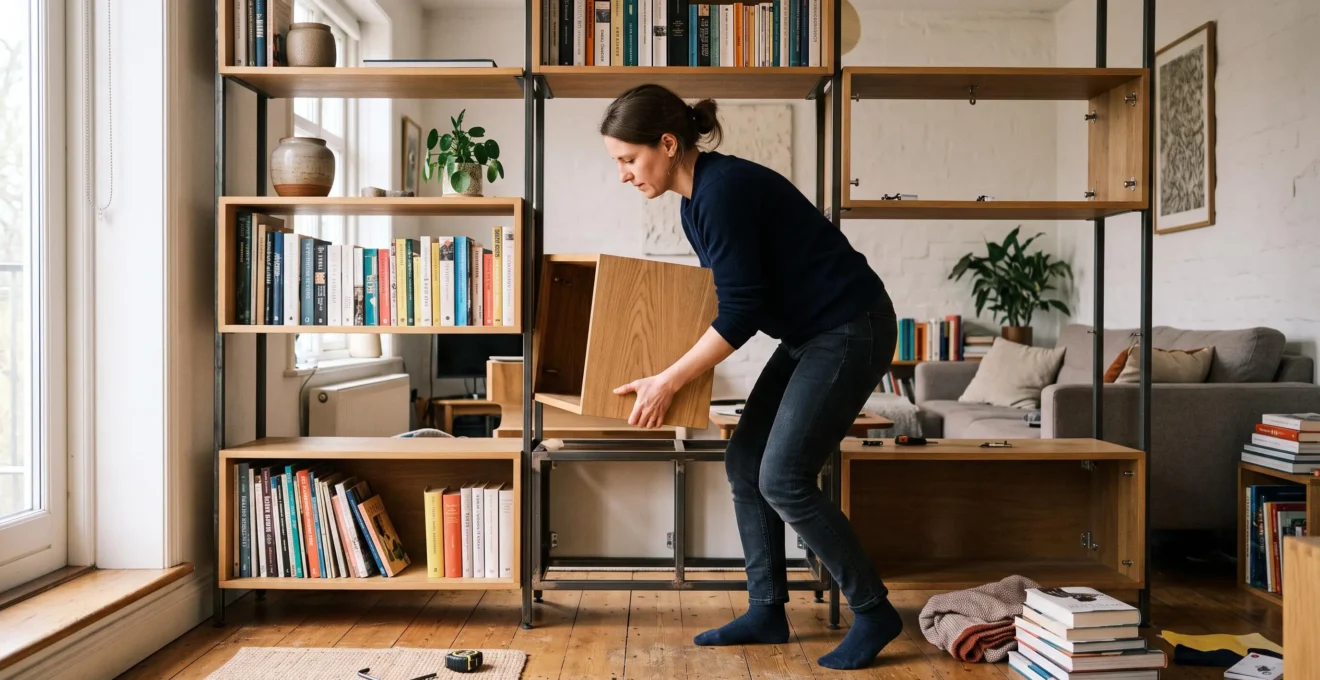 A person lifting a cube module to reposition it while rebuilding a freestanding modular shelving unit in a living room.