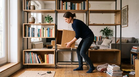 A person lifting a cube module to reposition it while rebuilding a freestanding modular shelving unit in a living room.