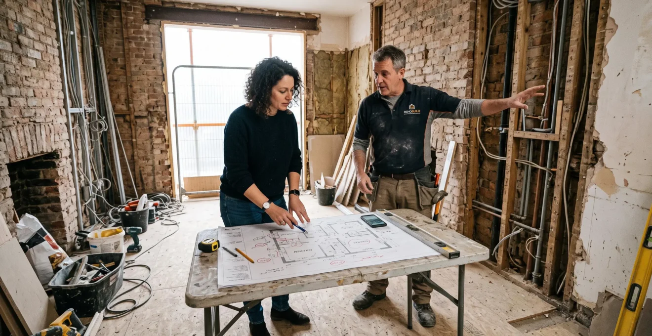 A homeowner and a contractor compare a printed floor plan with the exposed walls of a room during major renovation work.
