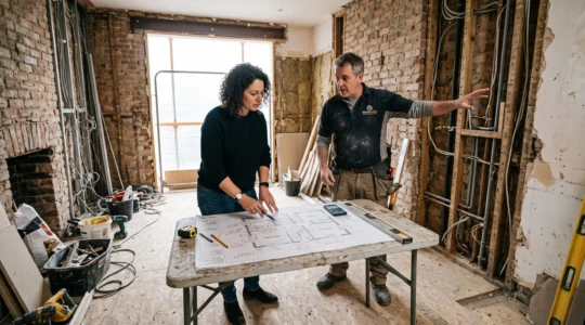 A homeowner and a contractor compare a printed floor plan with the exposed walls of a room during major renovation work.
