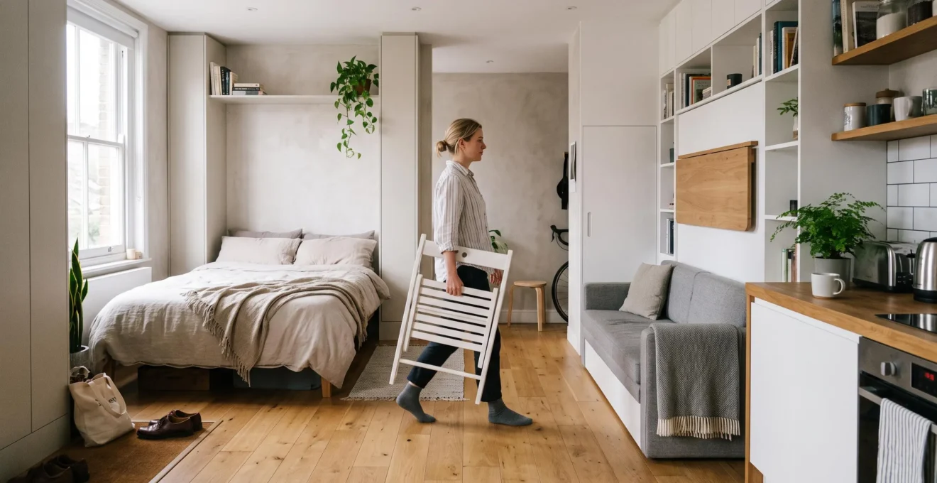 A woman carrying a folded chair through a small apartment with clear walkways between zones.