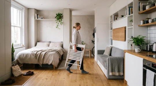 A woman carrying a folded chair through a small apartment with clear walkways between zones.