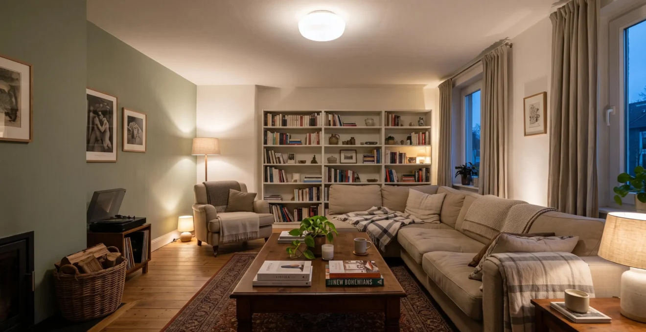 A living room in the evening lit by soft diffused ceiling lighting combined with wall-washed and lamp light, showing even illumination without glare or dark corners.