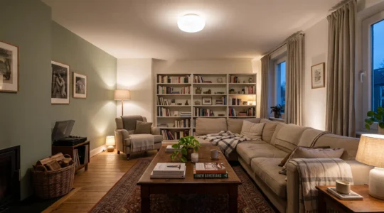 A living room in the evening lit by soft diffused ceiling lighting combined with wall-washed and lamp light, showing even illumination without glare or dark corners.