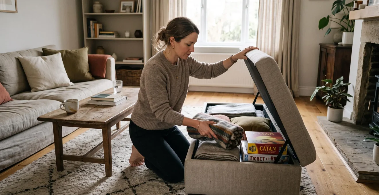 A person placing a folded blanket into an open lift-up storage ottoman in a tidy living room.