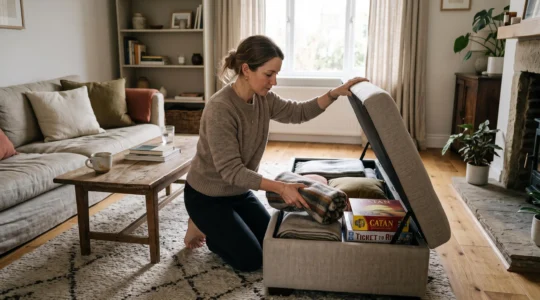 A person placing a folded blanket into an open lift-up storage ottoman in a tidy living room.