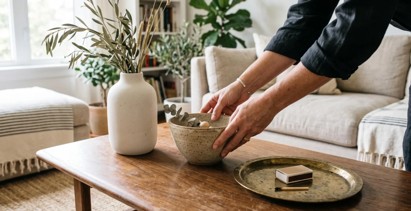 A person arranging three decorative objects of different heights into a triangular grouping on a wooden coffee table.