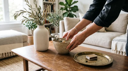 A person arranging three decorative objects of different heights into a triangular grouping on a wooden coffee table.