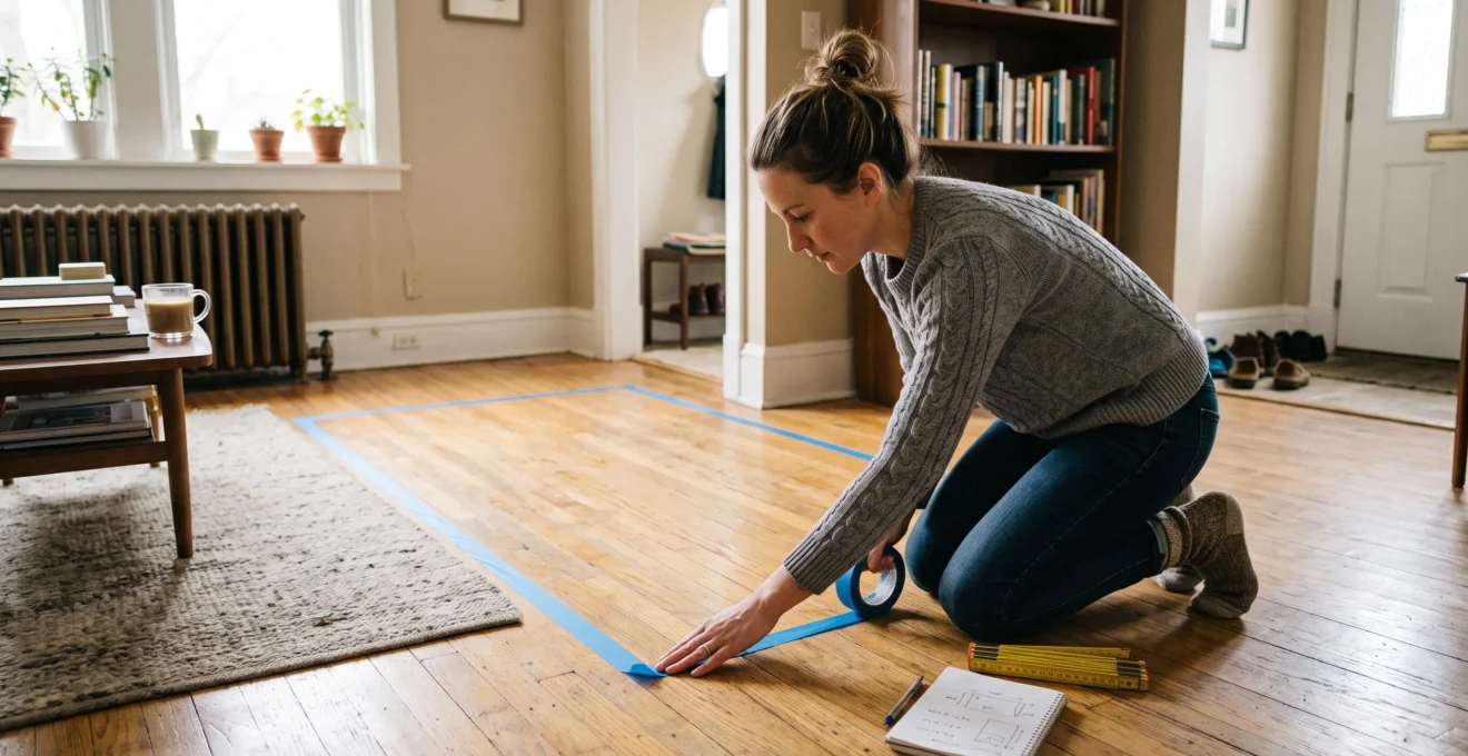 A person kneeling on a living room floor outlines the footprint of a sofa with painter's tape before buying it.