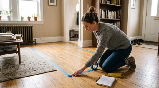 A person kneeling on a living room floor outlines the footprint of a sofa with painter's tape before buying it.