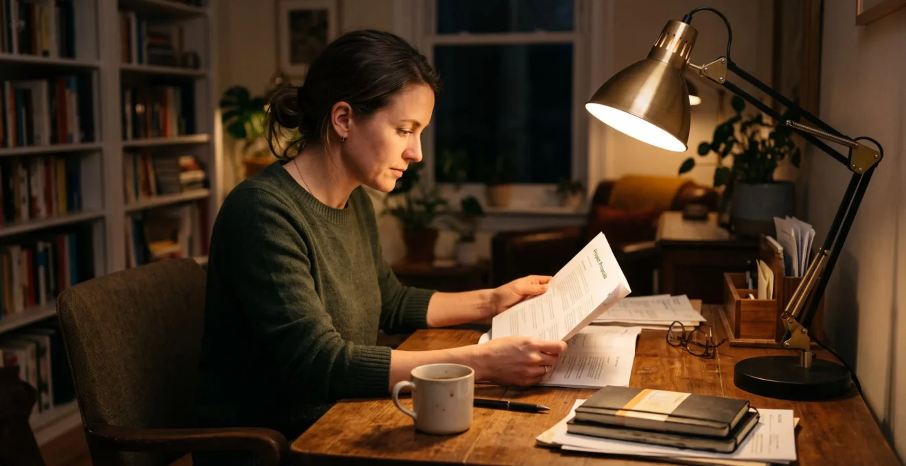 A person reading a document at a desk lit by a task lamp positioned beside their writing hand in a dim room.