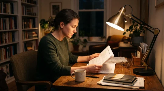 A person reading a document at a desk lit by a task lamp positioned beside their writing hand in a dim room.