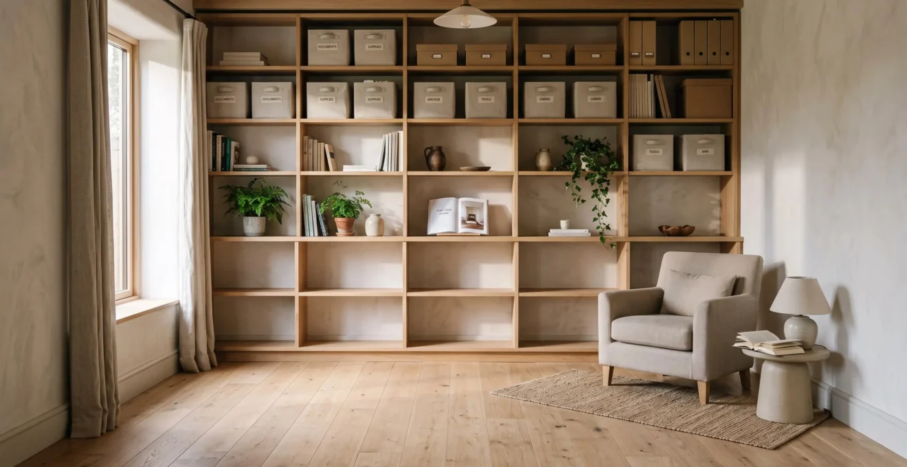 A small living room with tall wall-mounted shelves reaching near the ceiling while the floor area stays clear and open.