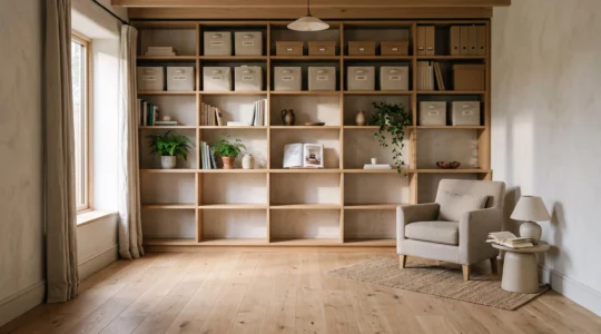 A small living room with tall wall-mounted shelves reaching near the ceiling while the floor area stays clear and open.