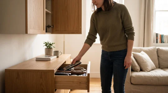 A woman reaches into a waist-height open drawer and picks up a remote control in one motion, with everyday items stored within easy reach in a living room.