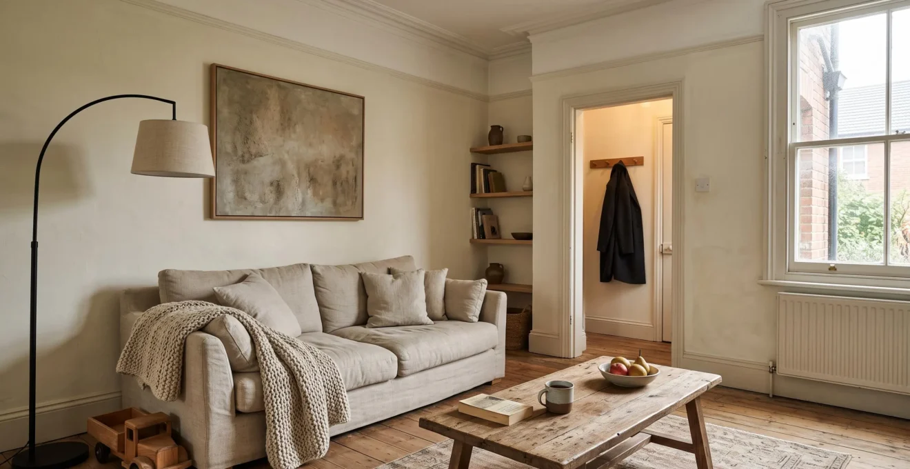 A warm minimalist living room with a linen sofa, wool throw, single large artwork and a few everyday objects on the coffee table.