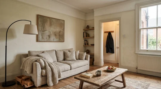 A warm minimalist living room with a linen sofa, wool throw, single large artwork and a few everyday objects on the coffee table.