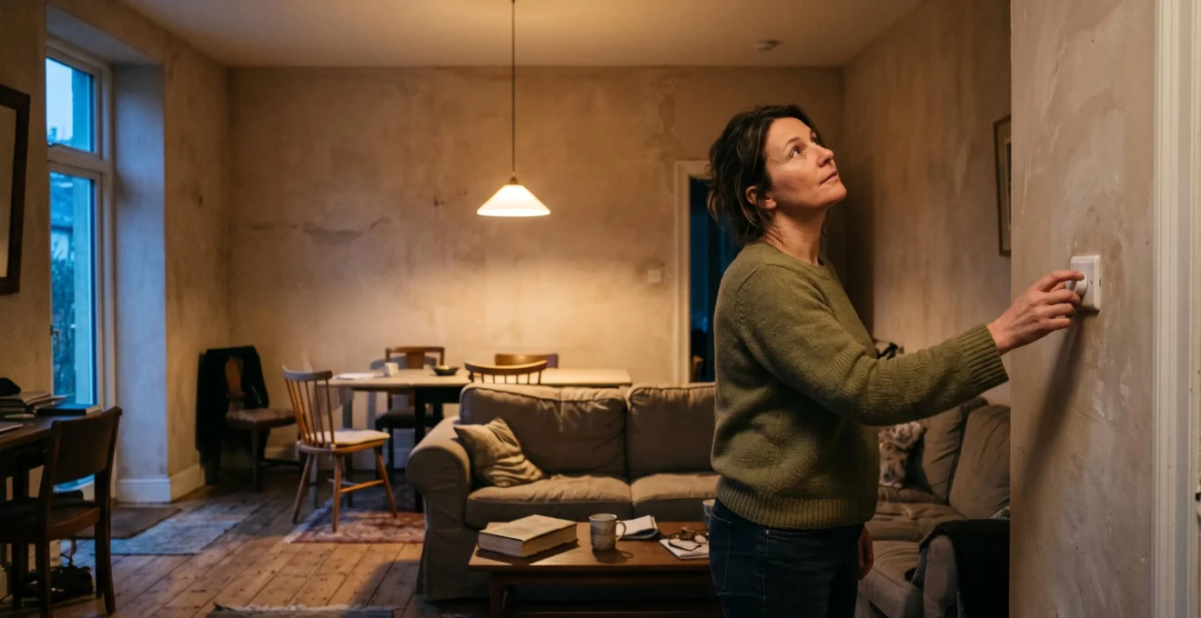 A woman adjusting a wall dimmer switch while the ceiling pendant glows warmly over a living room in the evening.