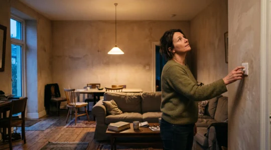 A woman adjusting a wall dimmer switch while the ceiling pendant glows warmly over a living room in the evening.