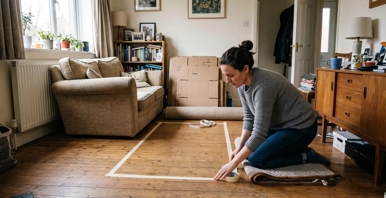 A woman kneeling in a living room, laying masking tape on the floor to trace furniture positions before rearranging the room.