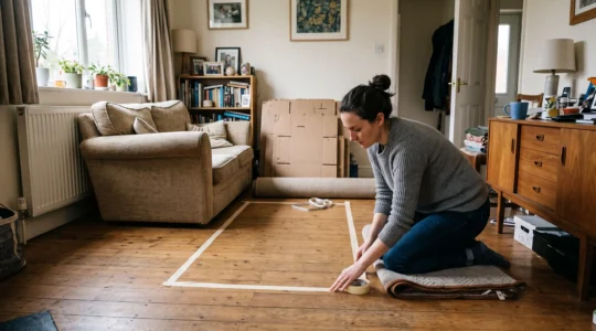A woman kneeling in a living room, laying masking tape on the floor to trace furniture positions before rearranging the room.