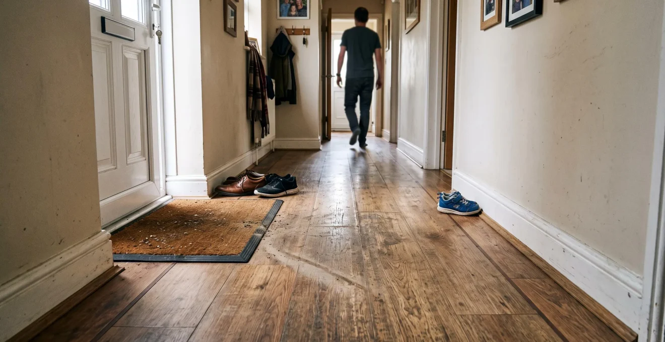 A residential hallway with a visibly worn traffic lane running down the center of the floor and an entrance mat near the front door.