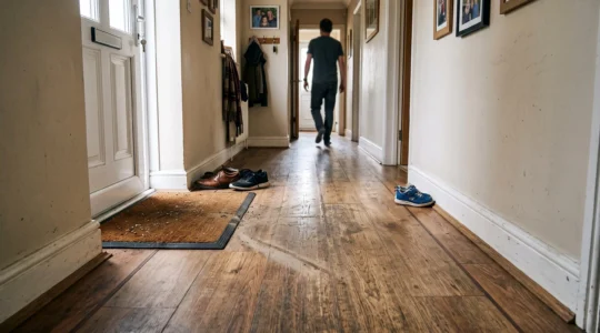 A residential hallway with a visibly worn traffic lane running down the center of the floor and an entrance mat near the front door.