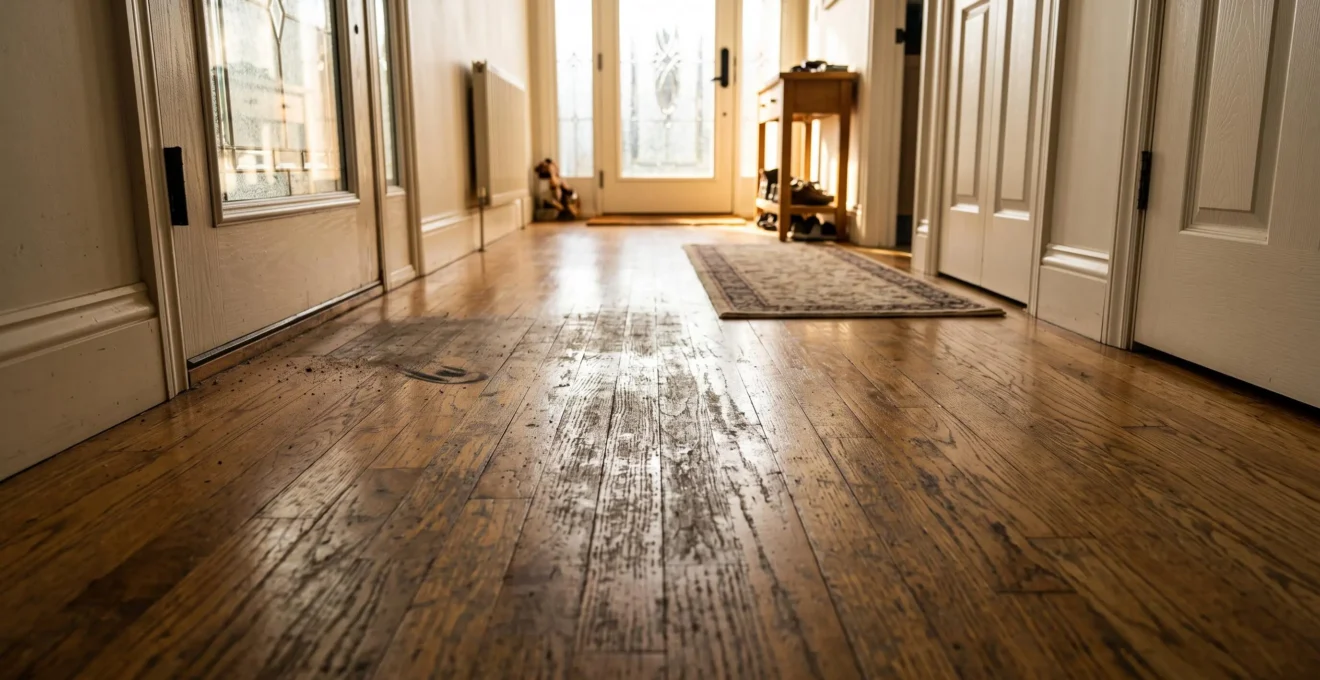 A worn traffic lane visible on a hardwood hallway floor under low afternoon light, showing fine scratches in the finish near the entrance.
