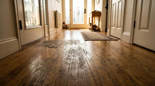 A worn traffic lane visible on a hardwood hallway floor under low afternoon light, showing fine scratches in the finish near the entrance.